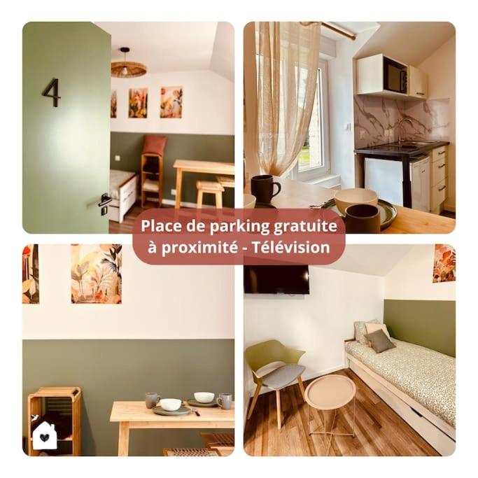 un collage de quatre photos d'un salon dans l'établissement H8-4 Petite parenthèse de la Villéon, à Fougères