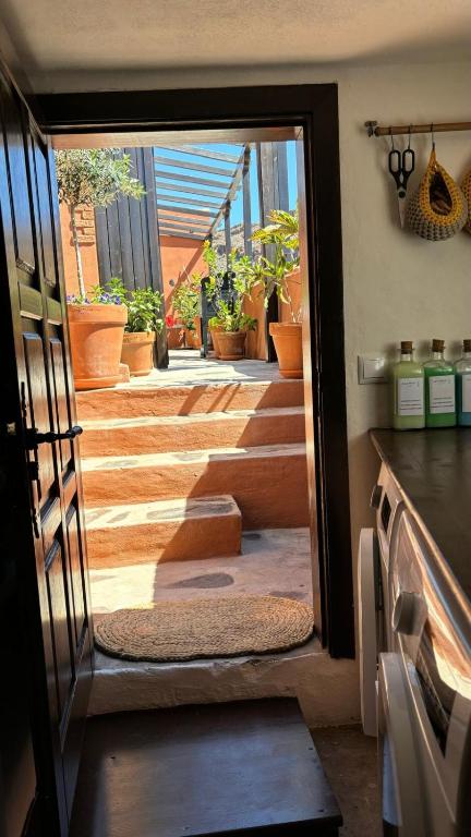 an open door of a house with stairs and plants at Casa Moni con Vistas al Mar in Playa de Santiago