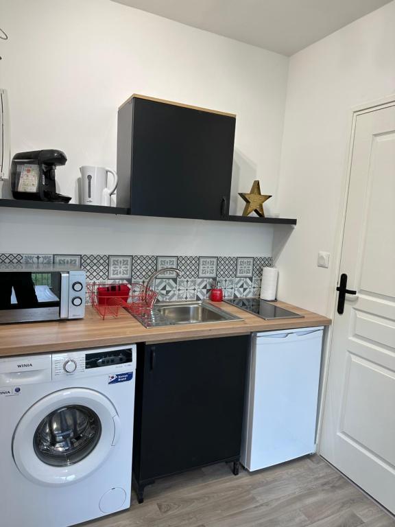 une cuisine avec un évier et une machine à laver dans l'établissement Studio refait à neuf proche de la Gare de Lyon Perrache, à La Mulatière