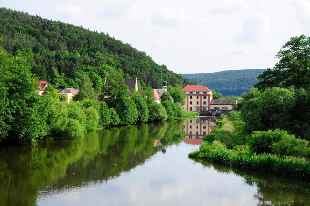 a river in a town with trees and buildings at Hotel Schlossresidenz Heitzenhofen in Duggendorf