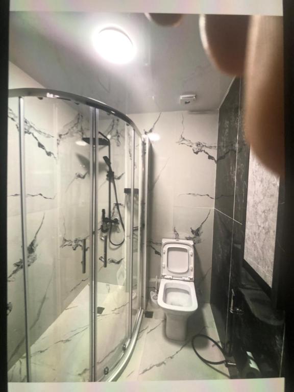 een badkamer met een toilet en een douche bij Apartotel bleqs in Batoemi