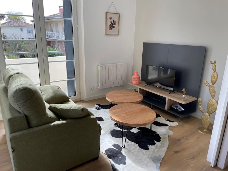 un salon avec un canapé et une télévision à écran plat dans l'établissement Portet - Charmant T3, à Portet-sur-Garonne