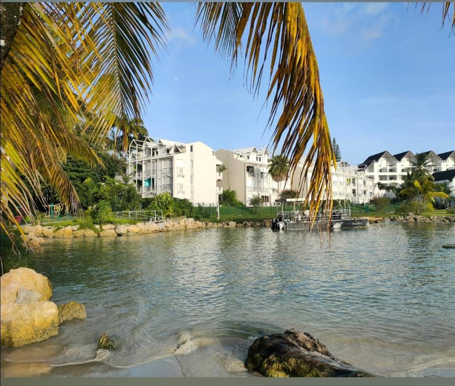 a view of a body of water with buildings at Studio vue mer, pieds dans l'eau in Le Gosier