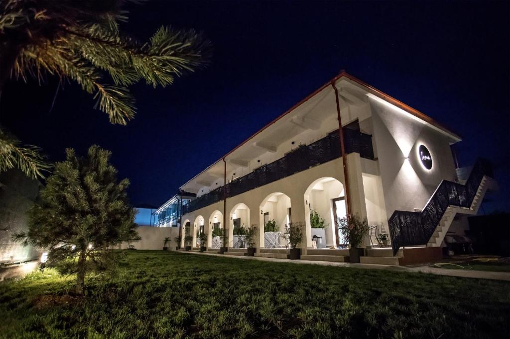 a building at night with a palm tree at Vila Luna in Vama Veche