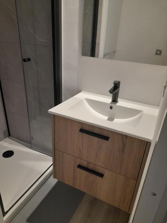 een badkamer met een witte wastafel en een douche bij Studio Seasant in Nieuwpoort