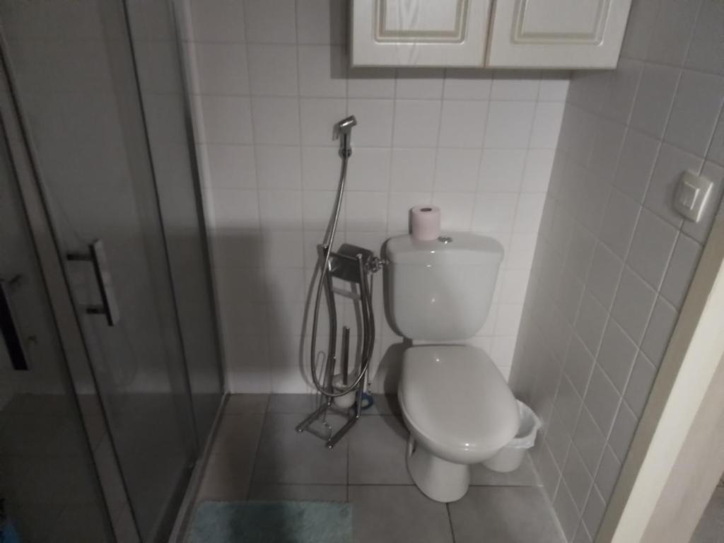 La salle de bains est pourvue de toilettes avec un tuyau sur le mur. dans l'établissement Studio Biarritz, à Biarritz