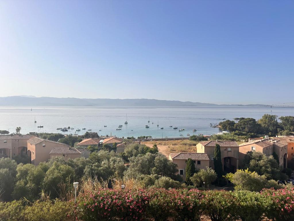 - une vue sur une ville avec des bateaux dans l'eau dans l'établissement Studio front de Mer Plaga Marinella, à Ajaccio
