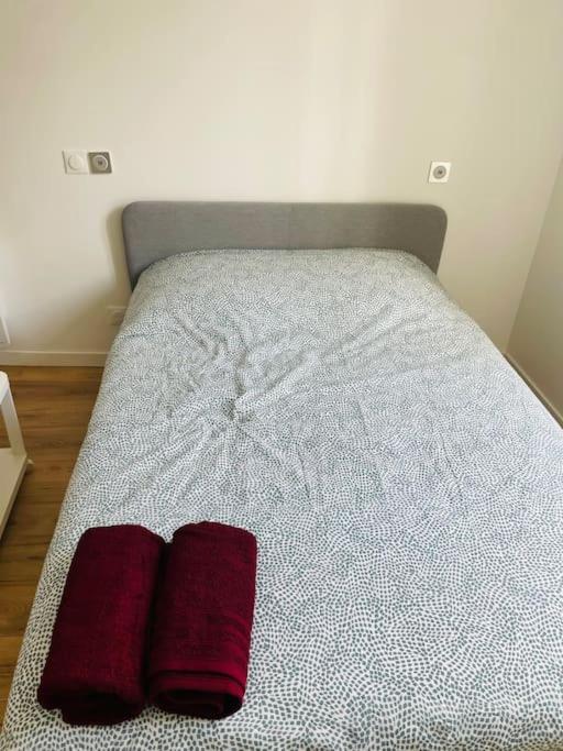 - un lit avec 2 oreillers rouges dans l'établissement STADE DE FRANCE Superbe Appartement Proche Paris, à Saint-Denis