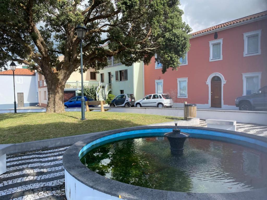 una fuente frente a un edificio con un árbol en Green House - AL, en Porto Formoso