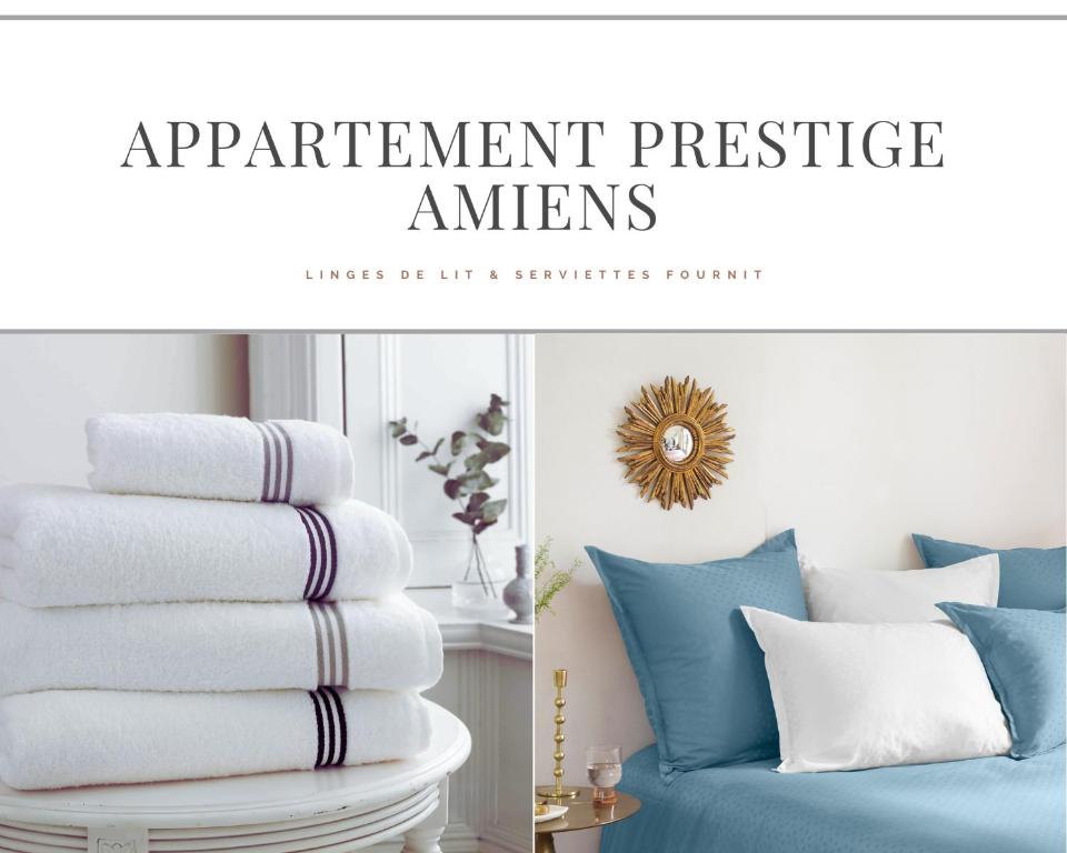 a stack of towels and pillows in a room at Appartement Prestige - Amiens in Amiens