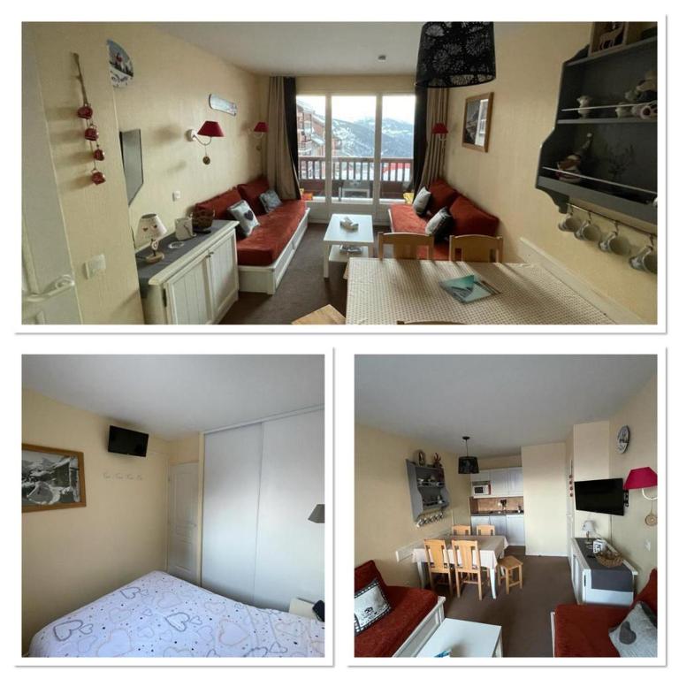 trois photos d'un salon et d'un salon dans l'établissement Appartement pieds des pistes, à Valmeinier