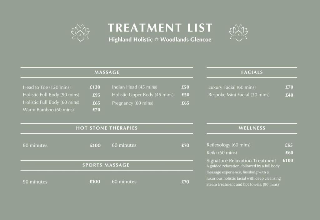 a screenshot of a treatment list for a hospital at RiverBeds - Luxury Wee Lodges with Hot Tubs in Glencoe