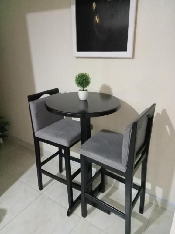a black table and chairs with a potted plant on it at Ashley's apartment in Bamburi
