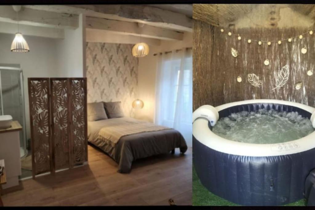 a bedroom with a tub and a bed in a room at Charmante petite maison de bourg avec spa in Val Couesnon