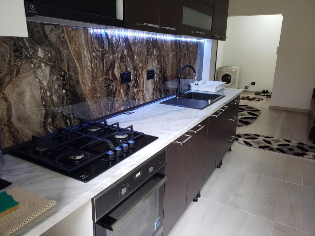 a kitchen with a stove and a sink at Cosy Flat in Baciu