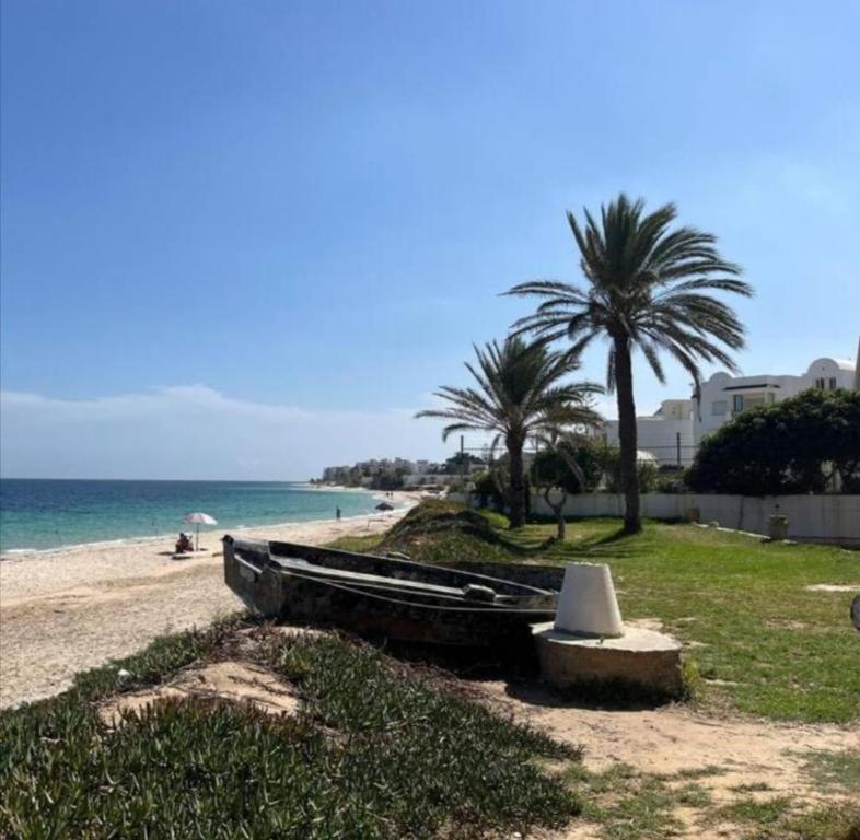 a boat on a beach with palm trees and the ocean at Joli appartement vue sur la mer in Sousse