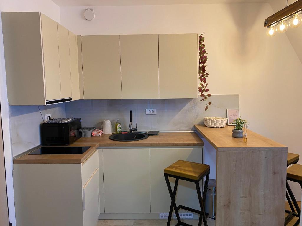 una cucina con armadi bianchi e lavandino di Apartman Šumarak a Divčibare