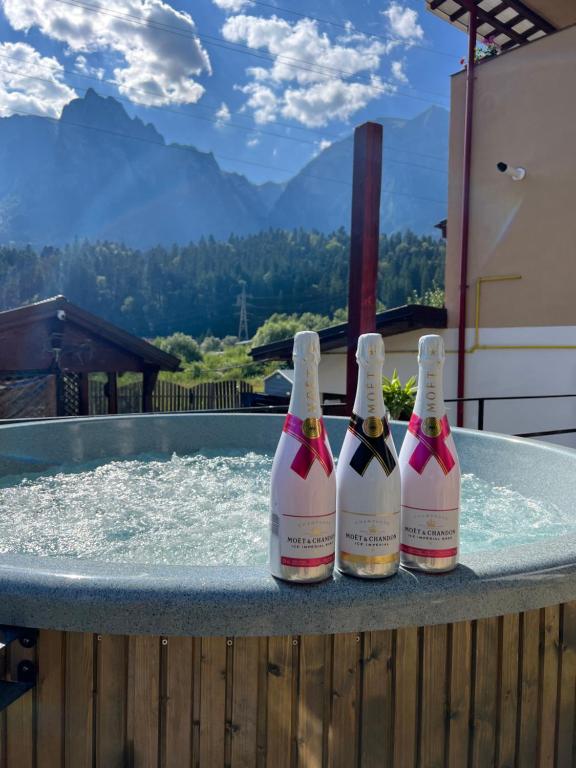 three bottles of wine sitting on top of a hot tub at Temple of the Sights in Buşteni