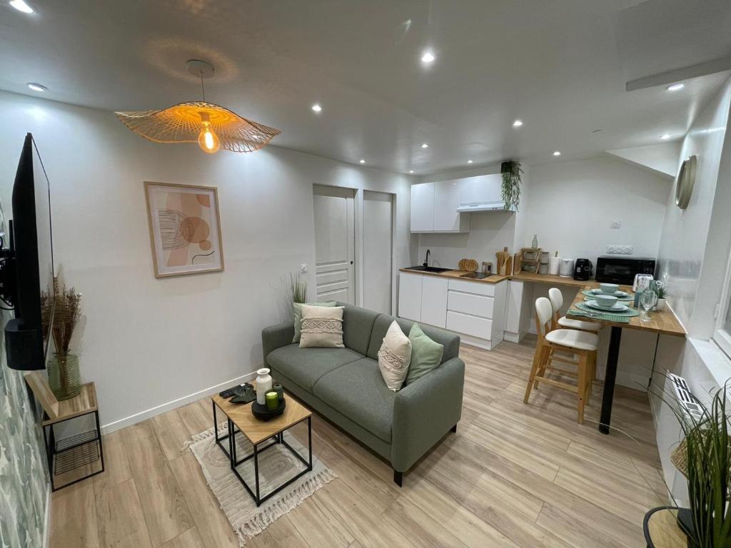 un salon avec un canapé et une cuisine dans l'établissement Chic Cocon in Rouen, à Rouen