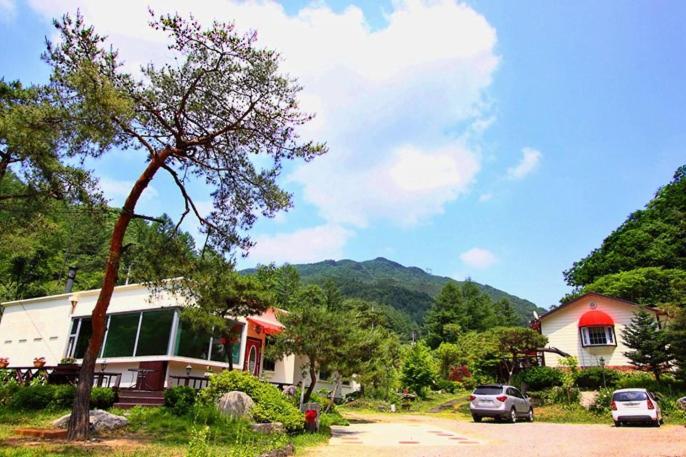 a house with cars parked in front of it at Yangpyeong Sanneomeo Pension in Yangpyeong