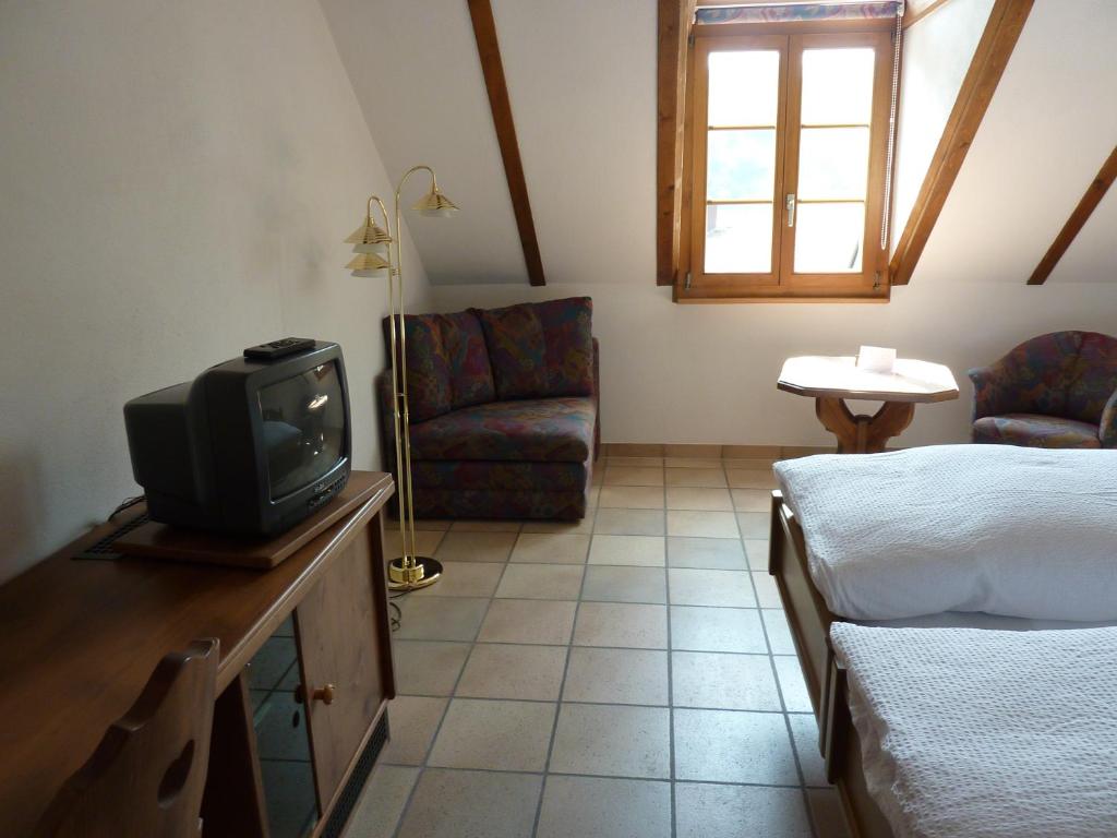 een kamer met een tv en een bed en een bank bij Gasthof Löwen in Wisen