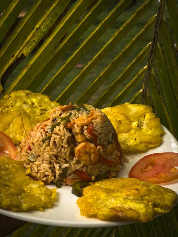 a plate of food with rice and vegetables at Los Achiotes Hostal - Palomino in Palomino