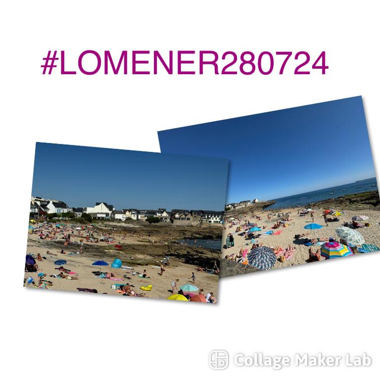 un groupe de personnes sur une plage avec des parasols dans l'établissement STUDIO BORD DE MER LOMENER, à Ploemeur