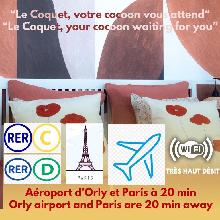 un collage de différents types de coussins avec la tour Eiffel dans l'établissement Le coquet à 20min de Paris et de l'aéroport d'Orly, à Juvisy-sur-Orge