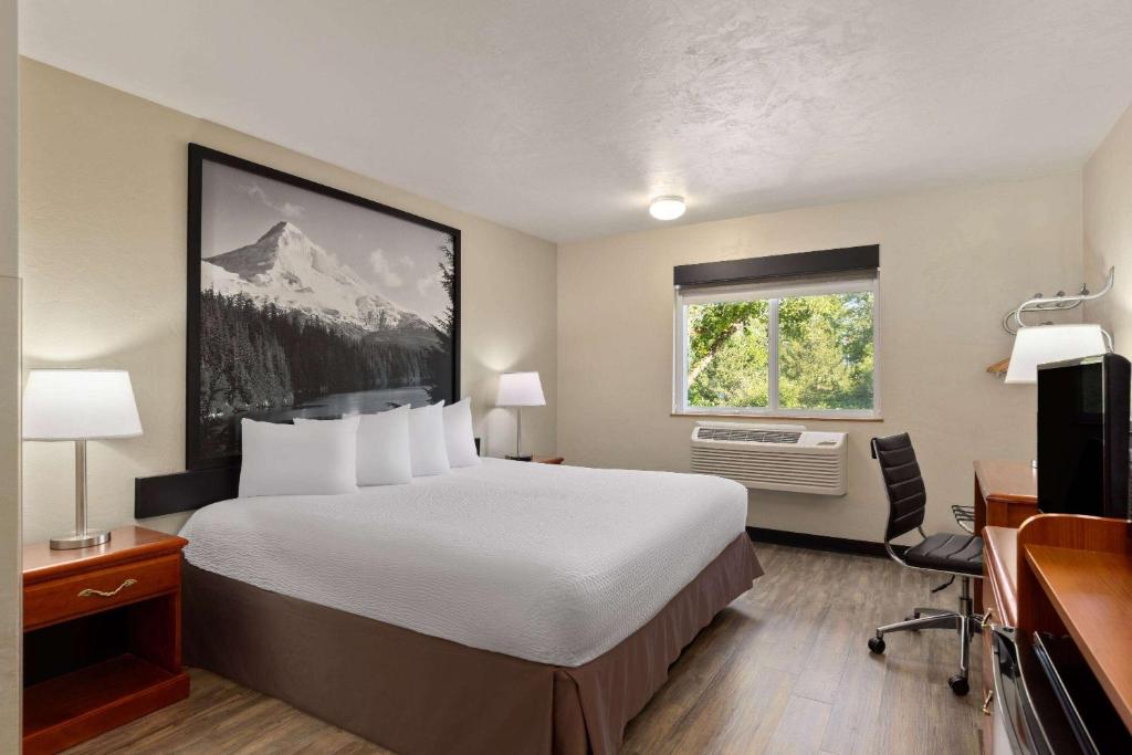 a hotel room with a bed and a window at Super 8 by Wyndham Roseburg in Roseburg