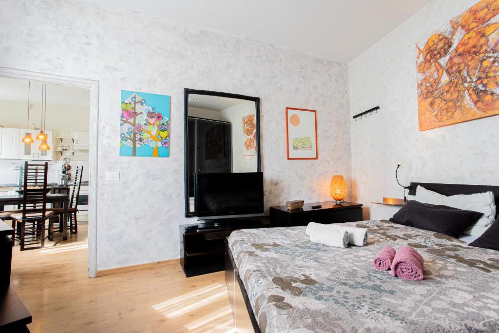 a bedroom with a bed and a mirror and a television at Casa moderna vicino Firenze in Prato