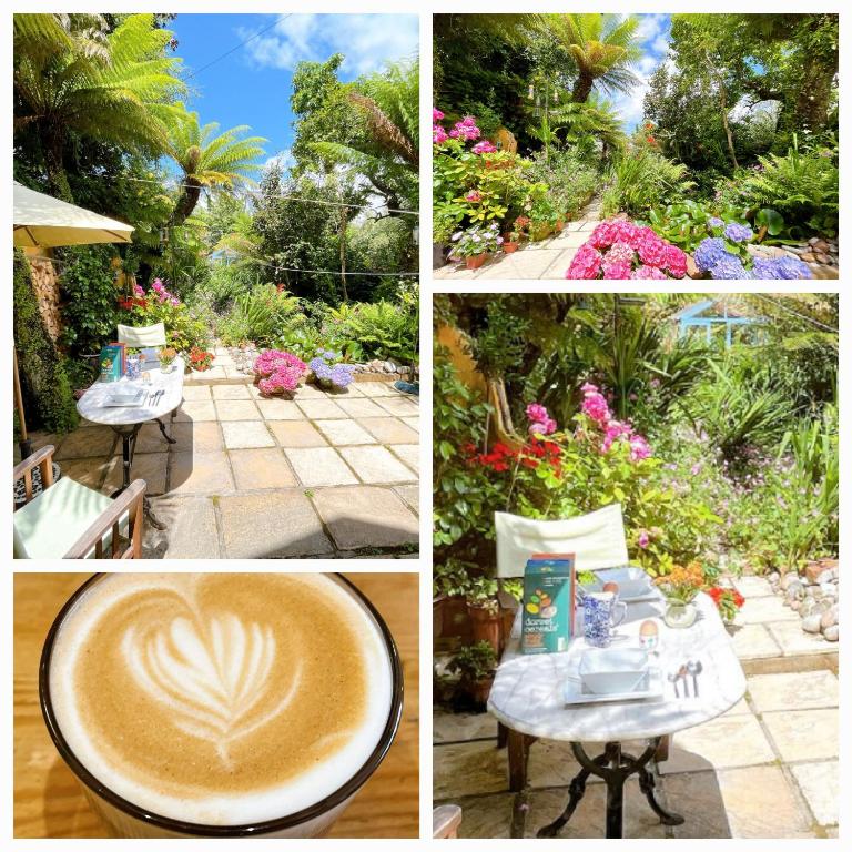 a collage of four pictures with a cup of coffee at Funky Urban Jungle in Cardiff