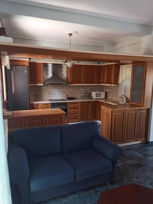 a living room with a blue couch in a kitchen at Nea Peramos Apartment-1 in Nea Peramos