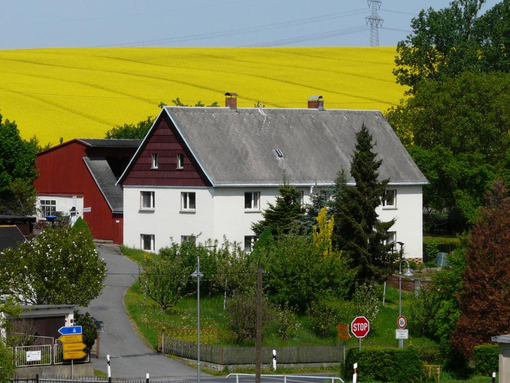 a white house with a red roof and a rapeseed field at Monteurswohnung am Obstgarten in Klingenberg