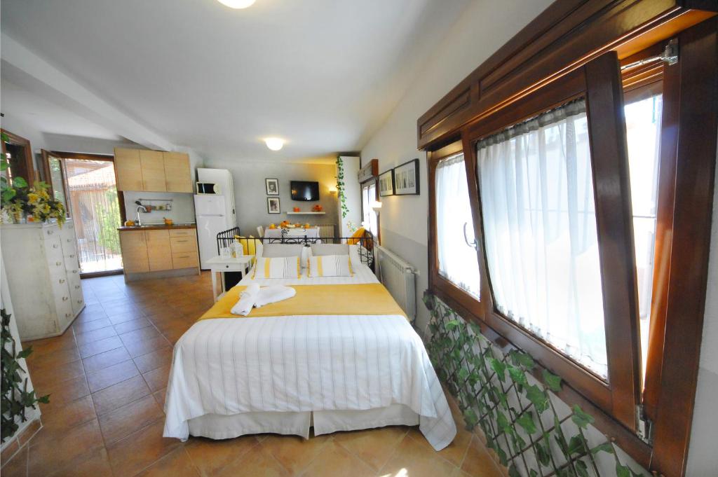 a bedroom with two beds in a room with windows at Estudio La Tienda de Adanero in Adanero