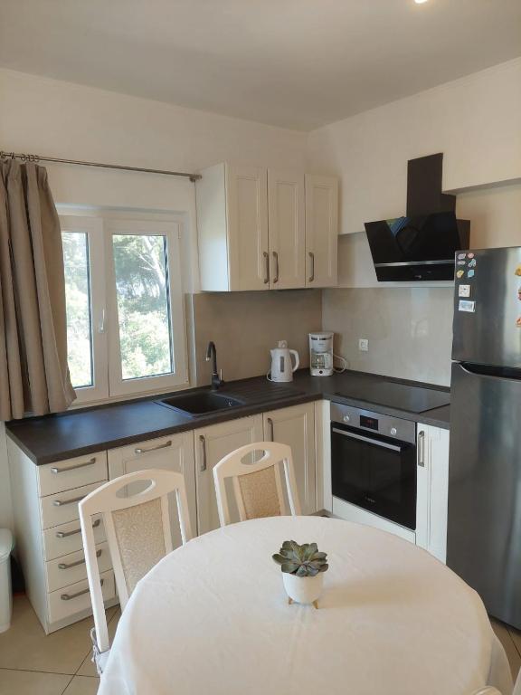 a kitchen with a table and chairs in it at VILLA Apartments Mate Cebalo in Lumbarda