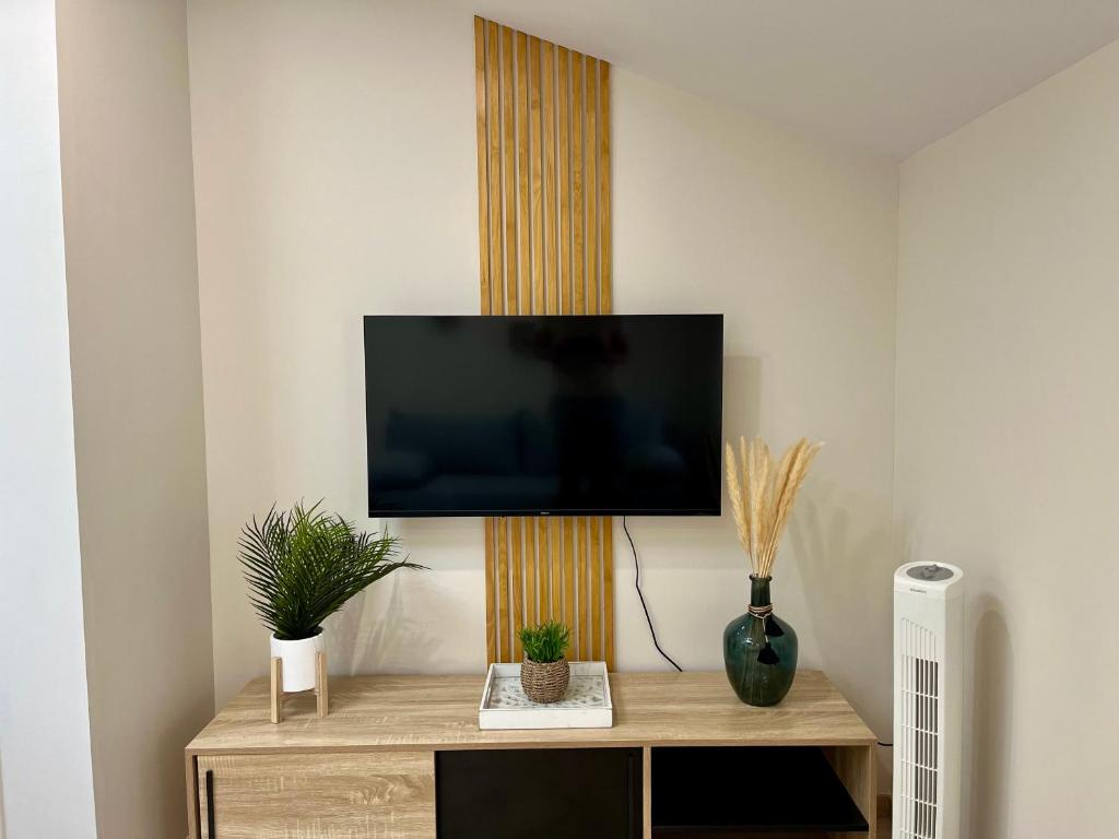 a living room with a tv on a wall at Le cocon mâconnais pour deux in Mâcon