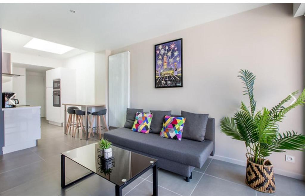 un salon avec un canapé et une table dans l'établissement Appartement Terrasse, à Arras