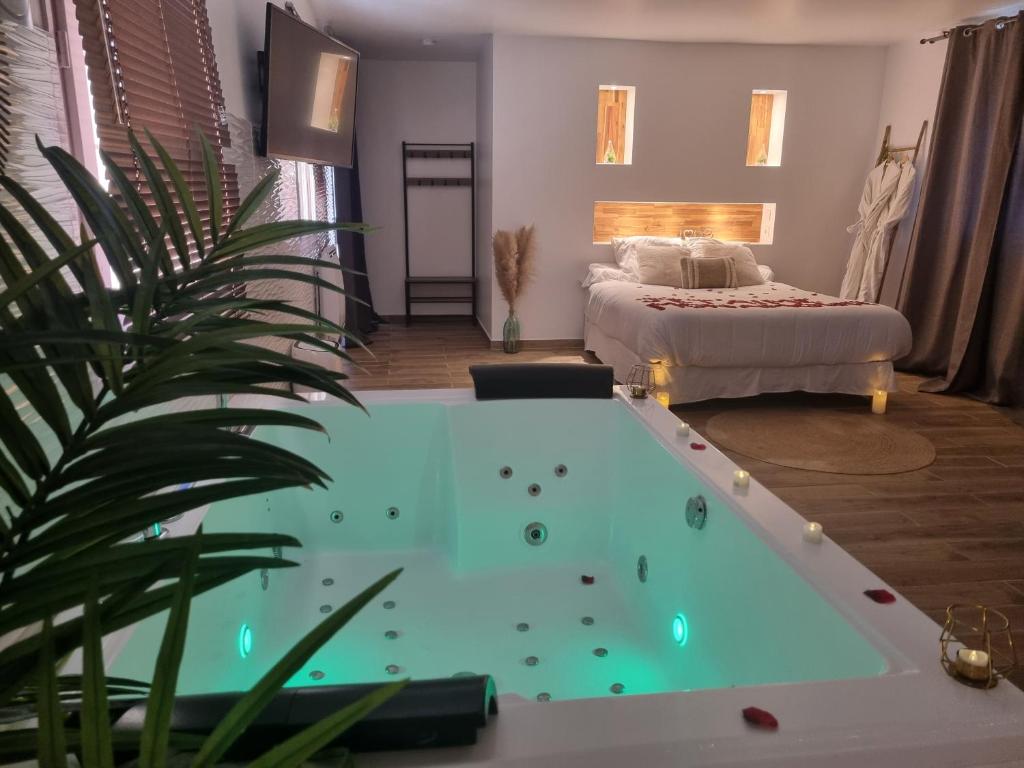 a room with a large pool in the middle of a bedroom at Evasion Romantique love room jacuzzi jardin privé près de Paris in Saint-Prix