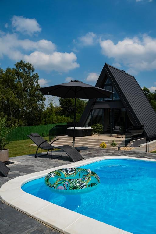 a swimming pool with an umbrella next to a house at Nikis House Luxury Pool - Spa Villa in Ba°evac