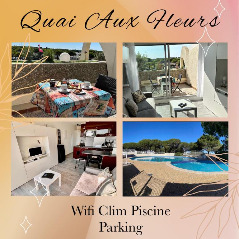 un collage de photos d'une villa avec piscine dans l'établissement Superbe studio, terrasse, piscine, parking, au Grau-du-Roi