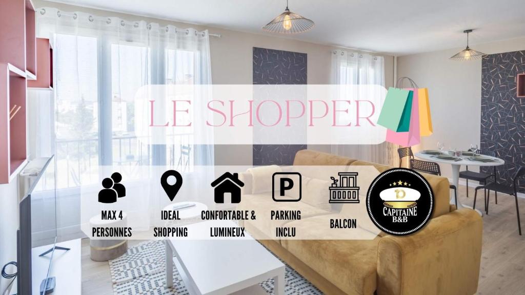 a living room with a la shop sign on the wall at Le Shopper - Confortable et Lumineux - Parking in La Chapelle-Saint-Luc