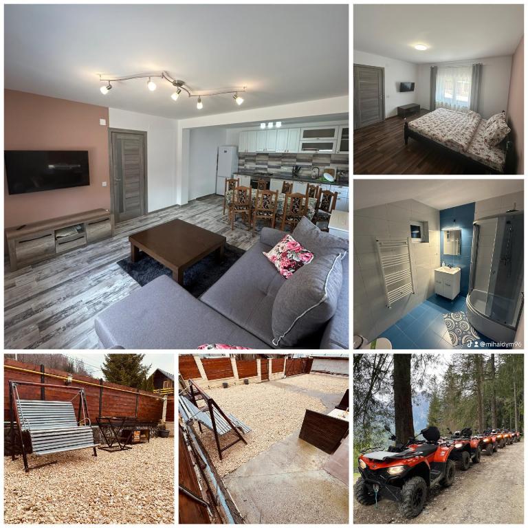 a collage of different pictures of a living room and kitchen at Azuga Home in Azuga