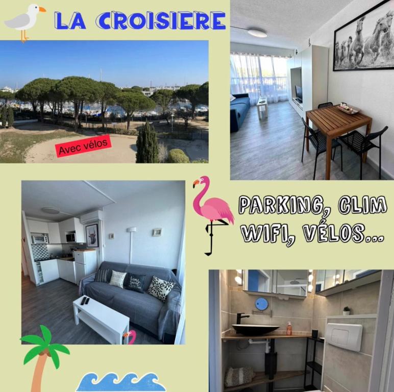 a collage of photos of a living room and a room at Studio vue port, parking privé, terrasse, clim in Le Grau-du-Roi