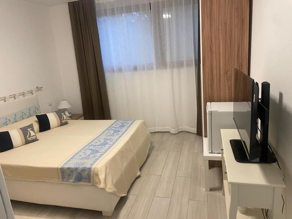 a bedroom with a bed and a desk and a television at Camelia's House in Olbia