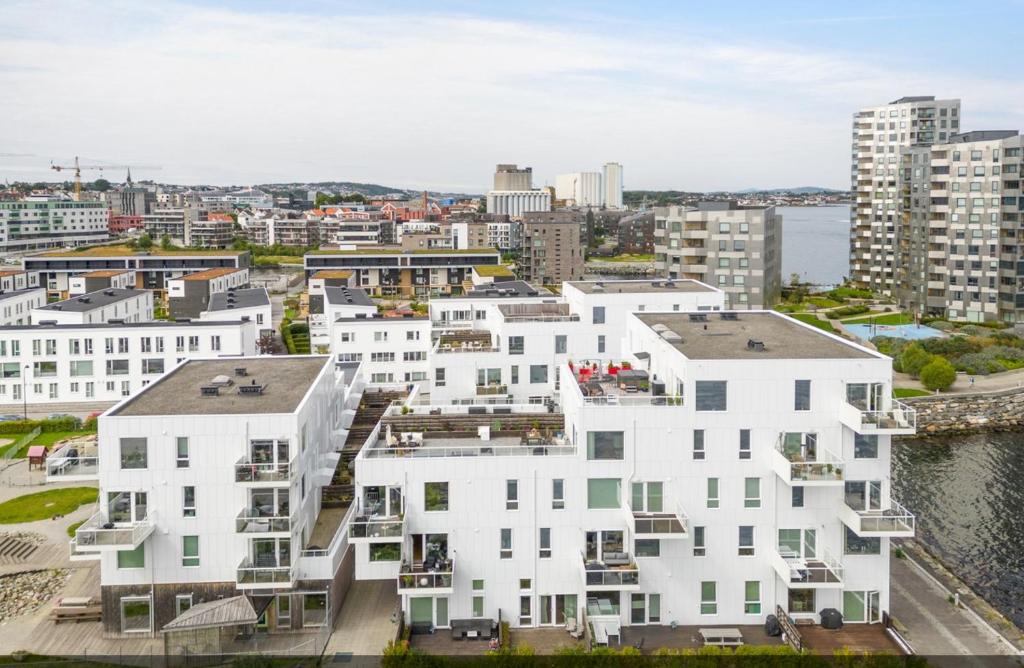an aerial view of a white apartment building at Lervigbrygga 178b in Stavanger