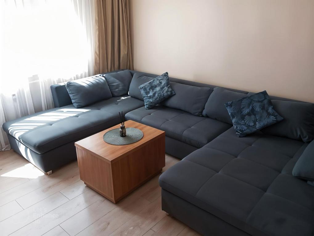 クライペダにあるLuize Cosy Apartmentの青いソファとテーブルのあるリビングルーム