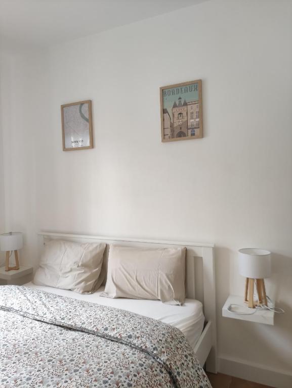 une chambre avec un lit et deux tableaux au mur dans l'établissement Charmant Appart-proche Bordeaux, à Talence