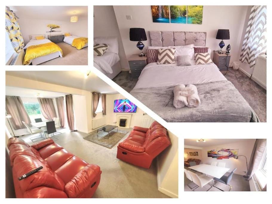 a collage of four pictures of a bedroom at Stunning! 3 Bed Entire House with Free Parking in Stapleford