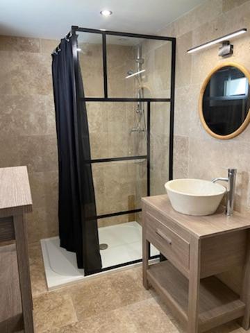 une salle de bain avec une douche en verre et un lavabo dans l'établissement Maison du bonheur, à Barbezieux-Saint-Hilaire