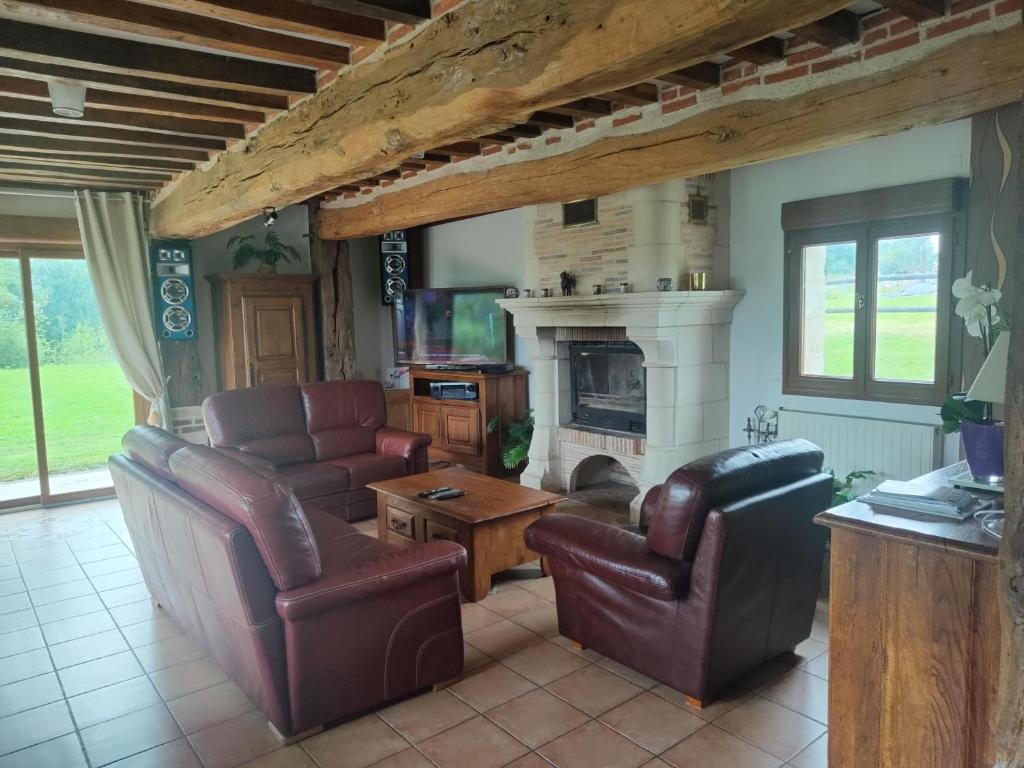salon ze skórzanymi meblami i kominkiem w obiekcie Gîtes les Deux Vallées w mieście Le Bois-Hellain